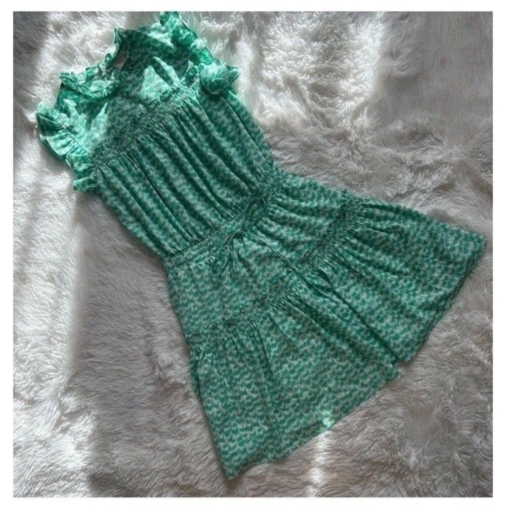 PINCH Womens Green White Printed Tiered Mini Dress Size S Smocked Ruffled Lined